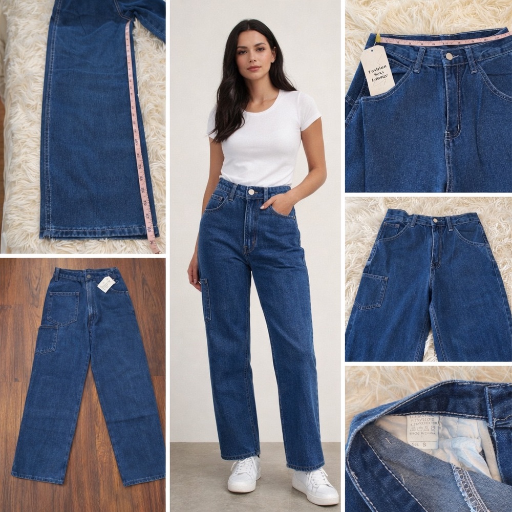 High Waist Straight Leg Blue Jeans Carpenter Pocket Denim Women’s Small